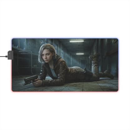 Resident Evil RGB Mouse Pad Grace Ashcroft Gaming Desk Mat Gamer Gift - cinematic RGB desk mat featuring Grace Ashcroft lying with pistol