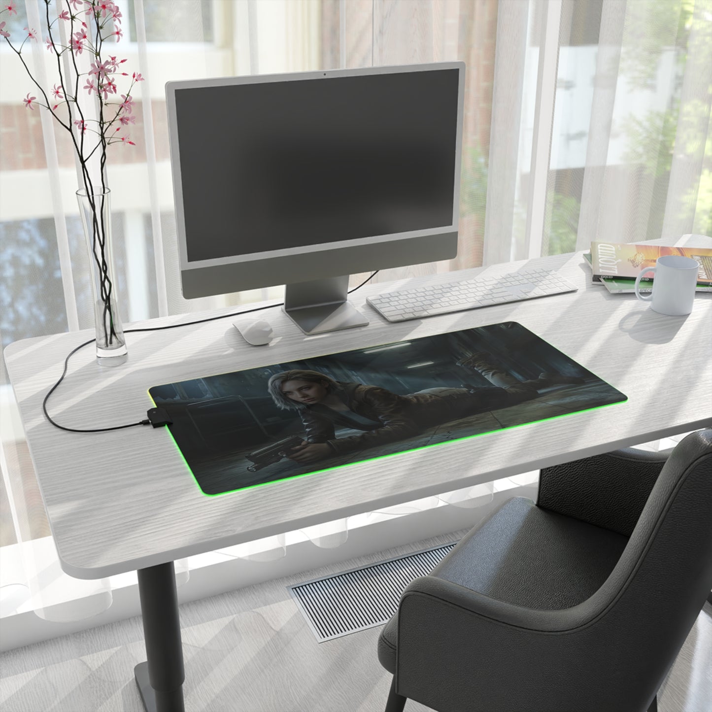 Resident Evil RGB Mouse Pad Grace Ashcroft Gaming Desk Mat Gamer Gift on modern desk with RGB lighting and detailed Grace Ashcroft artwork