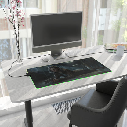 Resident Evil RGB Mouse Pad Grace Ashcroft Gaming Desk Mat Gamer Gift on modern desk with RGB lighting and detailed Grace Ashcroft artwork