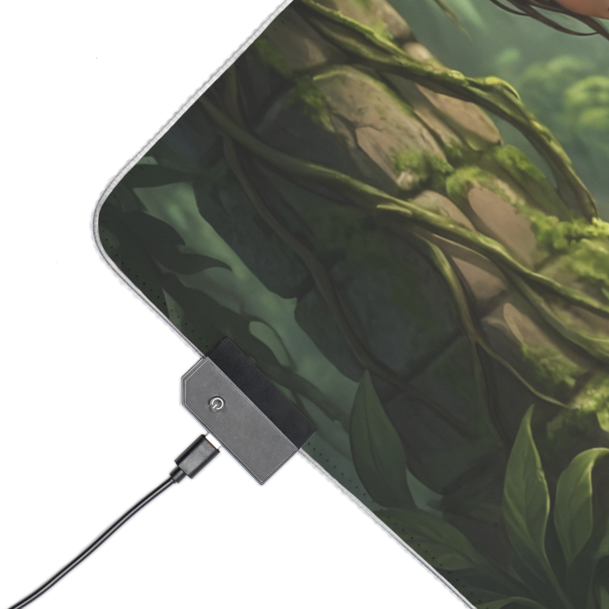 Lara Croft RGB Mouse Pad – Tomb Raider LED Desk Mat, Adventure Gamer Decor showing corner with USB LED controller, stitched edge and jungle artwork