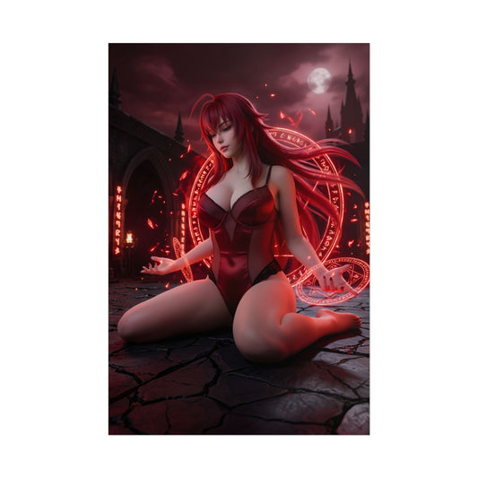 Rias Gremory Poster / Rias Gremory Wall Art / Rias Gremory Art Print / Anime Devil Poster - crimson-lit Rias Gremory kneeling with glowing magic circles