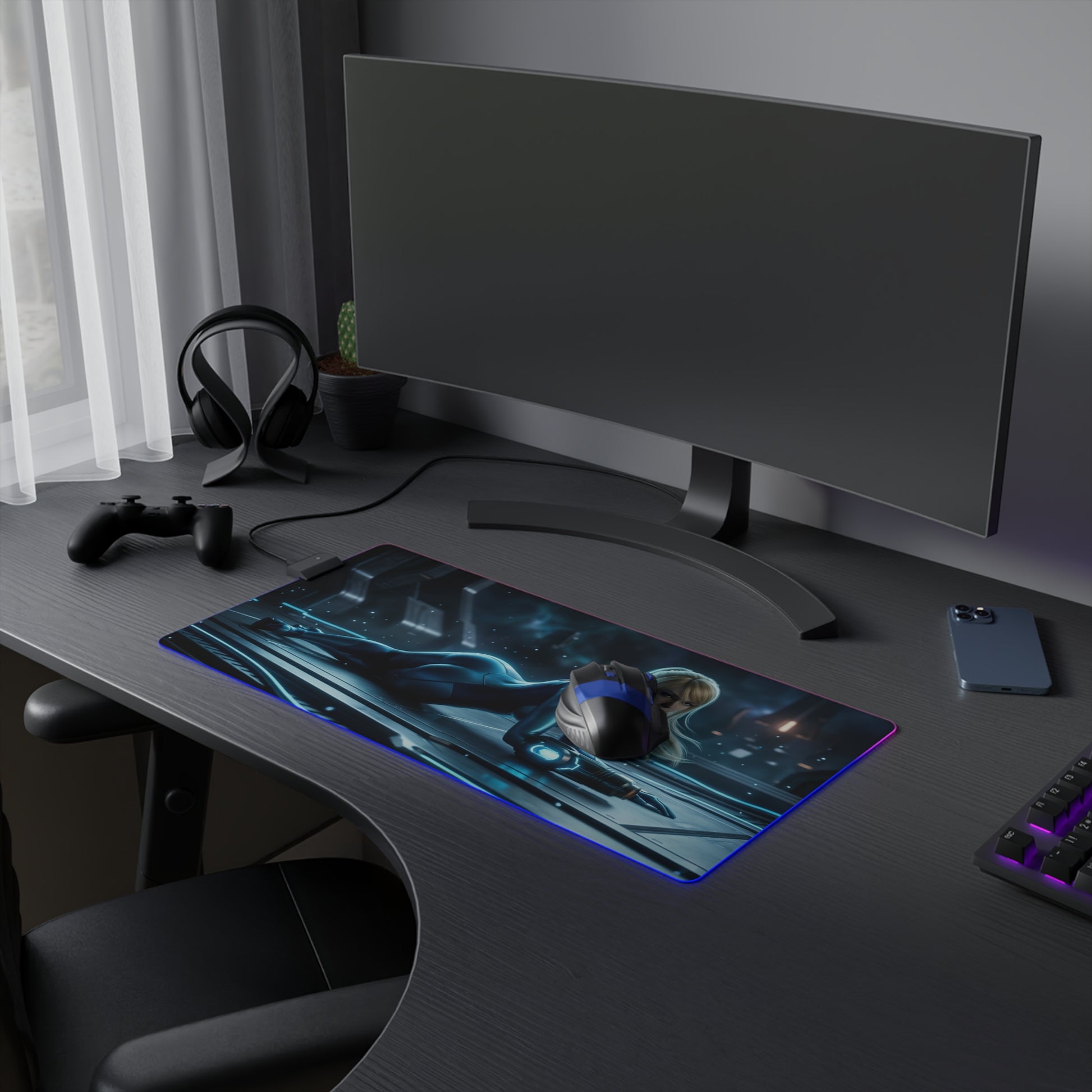 Samus Aran Mouse Pad, Samus Aran LED RGB Desk Mat, Gift for Gamer, Sci-Fi Room Decor — LED gaming desk mat with Samus Aran artwork and anti-slip rubber