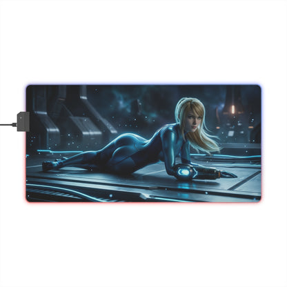 Samus Aran Mouse Pad, Samus Aran LED RGB Desk Mat, Gift for Gamer, Sci-Fi Room Decor — LED RGB desk mat featuring Samus Aran in Zero Suit, smooth precision surface