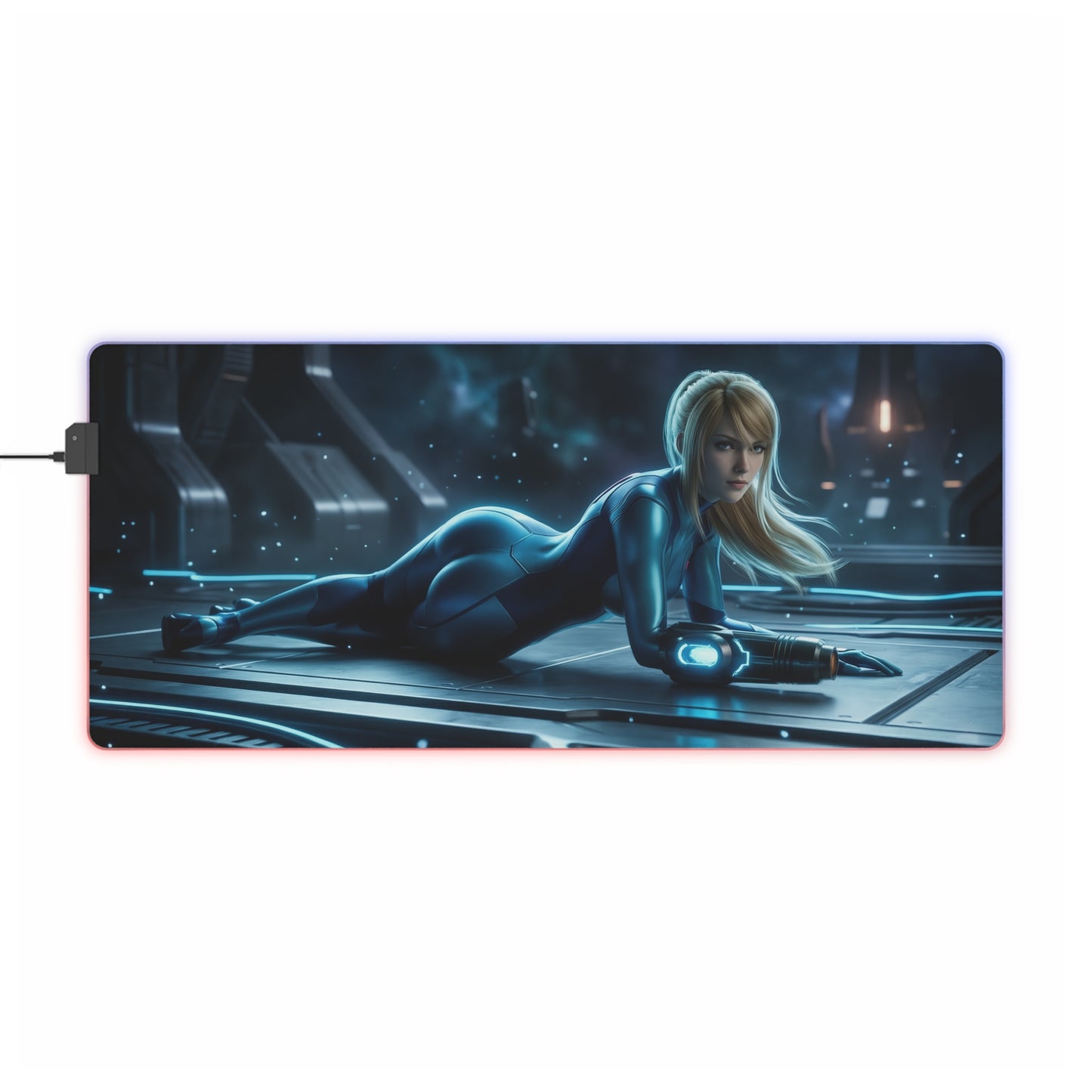 Samus Aran Mouse Pad, Samus Aran LED RGB Desk Mat, Gift for Gamer, Sci-Fi Room Decor — LED RGB desk mat featuring Samus in power suit on futuristic gaming pad