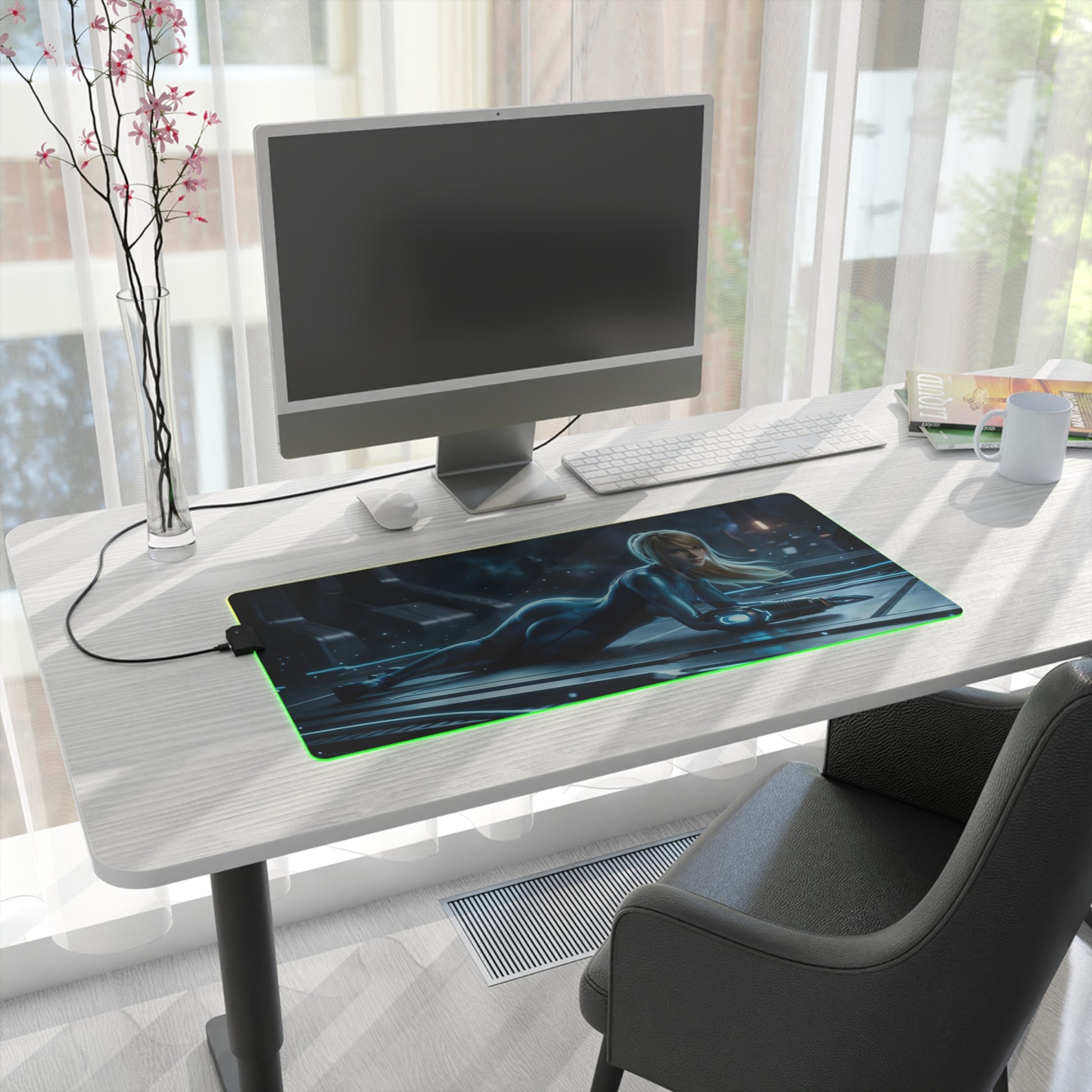 Samus Aran Mouse Pad, Samus Aran LED RGB Desk Mat, Gift for Gamer, Sci-Fi Room Decor — illuminated desk mat with Samus in power suit on white workstation