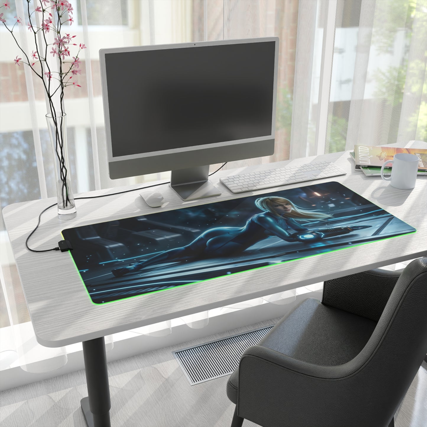 Samus Aran Mouse Pad, Samus Aran LED RGB Desk Mat, Gift for Gamer, Sci-Fi Room Decor — LED RGB desk mat featuring Samus Aran artwork on precision-cloth surface
