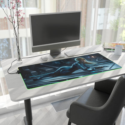 Samus Aran Mouse Pad, Samus Aran LED RGB Desk Mat, Gift for Gamer, Sci-Fi Room Decor — LED RGB desk mat featuring Samus Aran artwork on precision-cloth surface