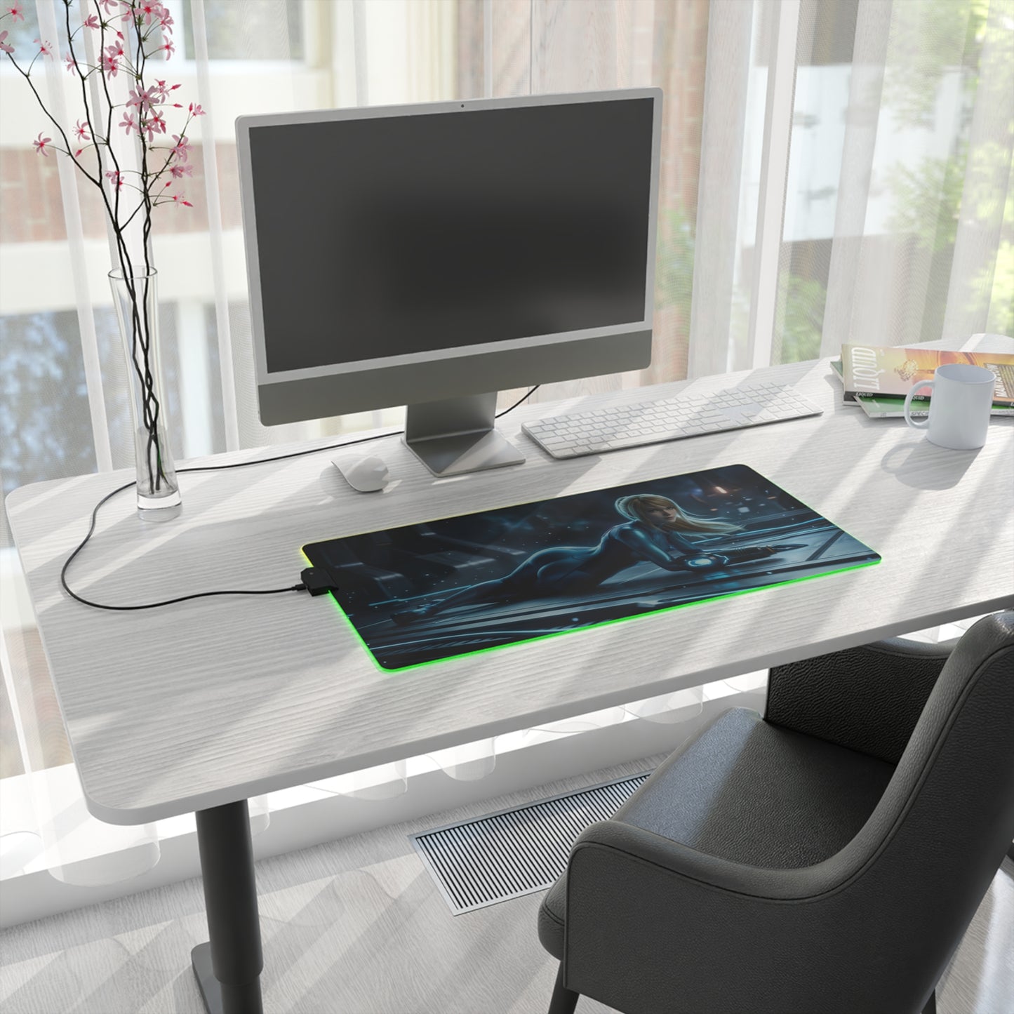 Samus Aran Mouse Pad, Samus Aran LED RGB Desk Mat, Gift for Gamer, Sci-Fi Room Decor - LED RGB desk mat on modern white desk with monitor