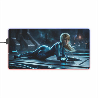 Samus Aran Mouse Pad, Samus Aran LED RGB Desk Mat, Gift for Gamer, Sci-Fi Room Decor — LED desk mat featuring Samus Aran in blue power suit on sci-fi floor