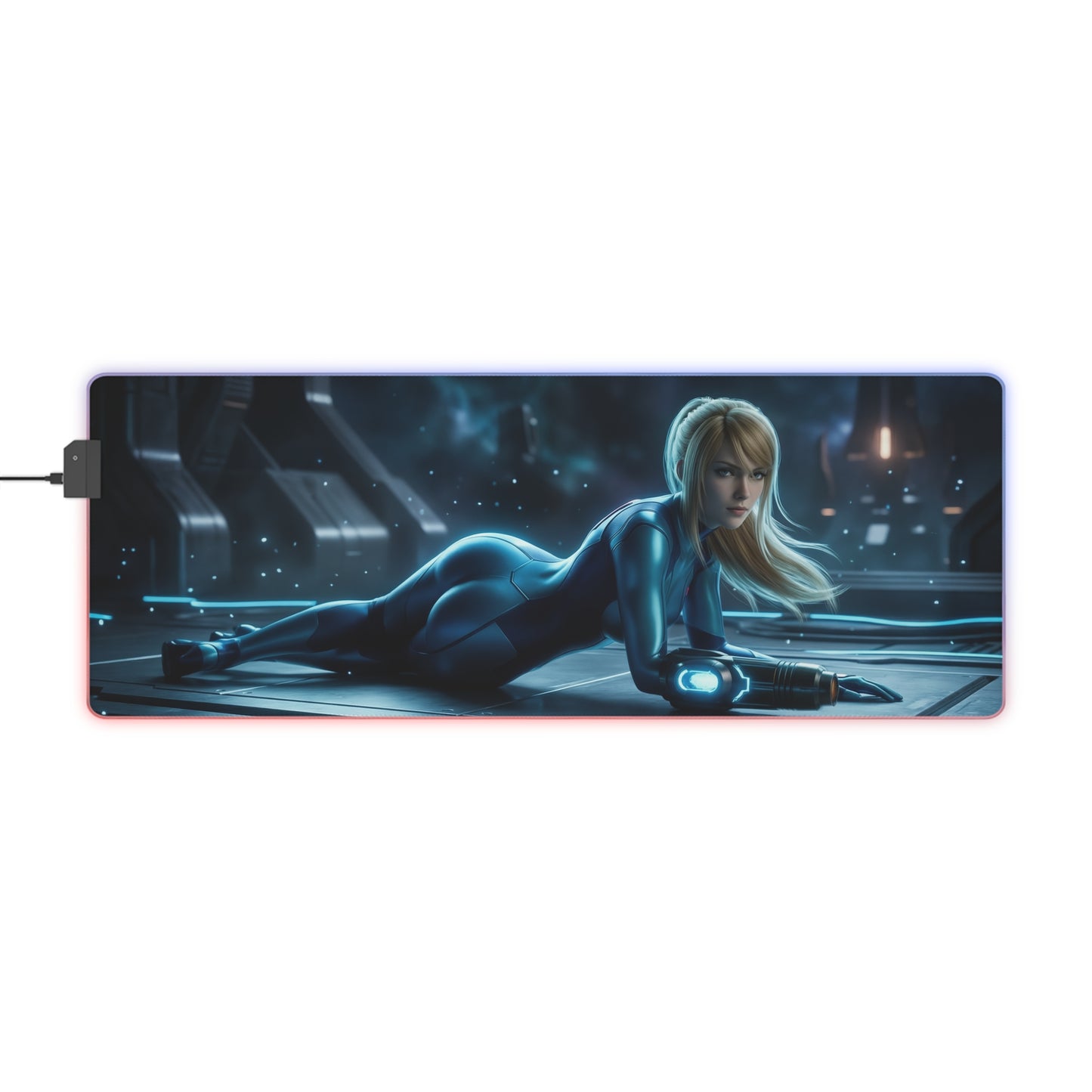 Samus Aran Mouse Pad, Samus Aran LED RGB Desk Mat, Gift for Gamer, Sci-Fi Room Decor - sleek blue power suit design on LED RGB desk mat