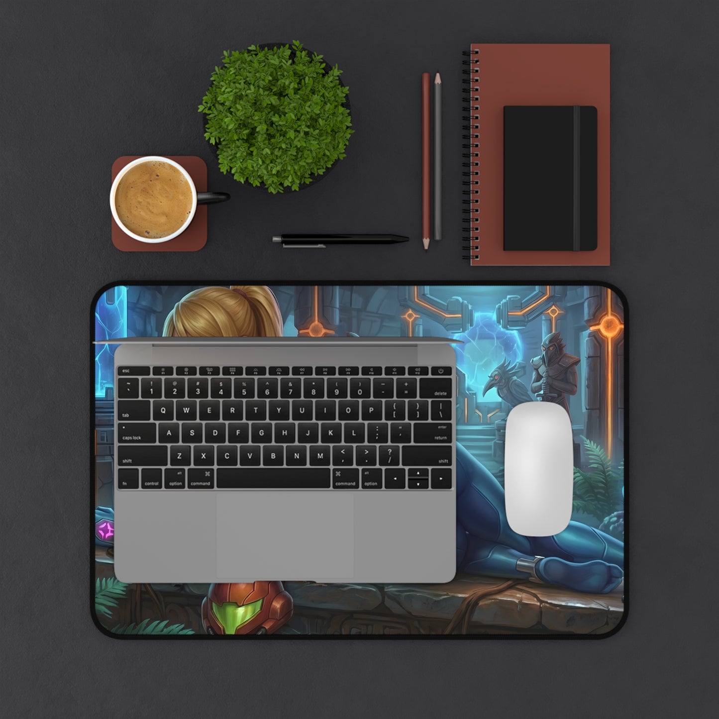 Samus Aran Mouse Pad – Sci-Fi Game Gaming Mouse Pad, Stylish Gamer Desk Decor on a clean futuristic gaming desk with laptop and mouse