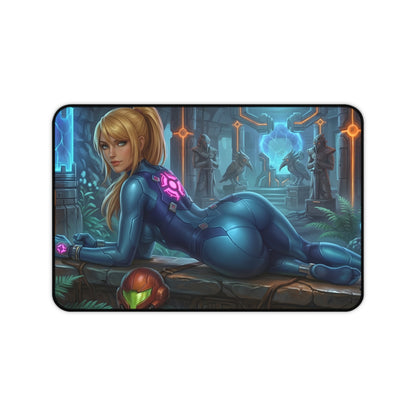 Samus Aran Mouse Pad – Sci-Fi Game Gaming Mouse Pad, Stylish Gamer Desk Decor featuring Samus in blue suit on a futuristic gaming desk mouse pad