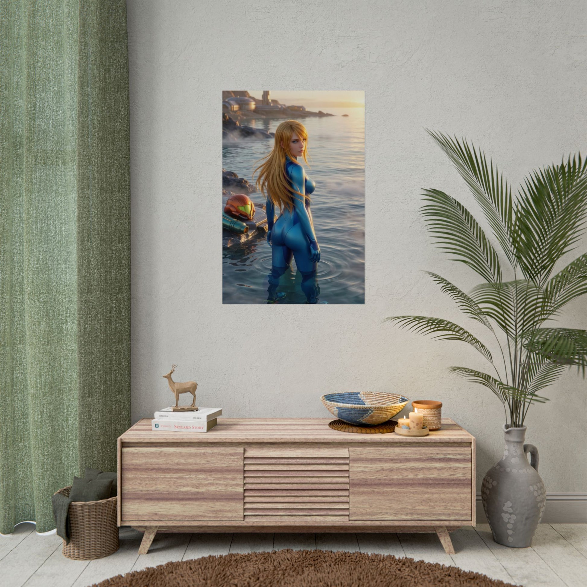Samus Aran Poster – Samus Aran Art Print, Sci-Fi Game Wall Art showing Samus waist-deep in ocean near futuristic structures