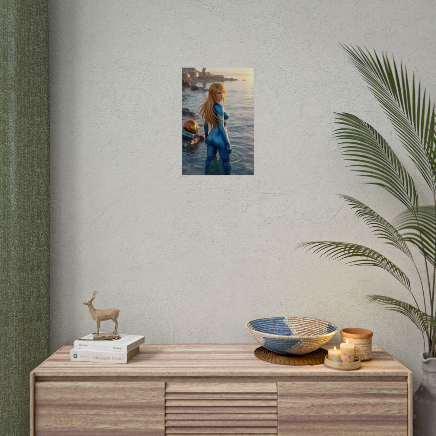 Samus Aran Poster – Samus Aran Art Print, Sci-Fi Game Wall Art showing Samus waist-deep in ocean with helmet and futuristic structures