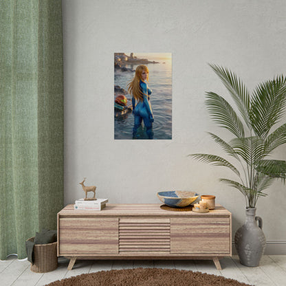 Samus Aran Poster – Samus Aran Art Print, Sci-Fi Game Wall Art showing bounty hunter waist-deep in ocean with power suit and helmet nearby
