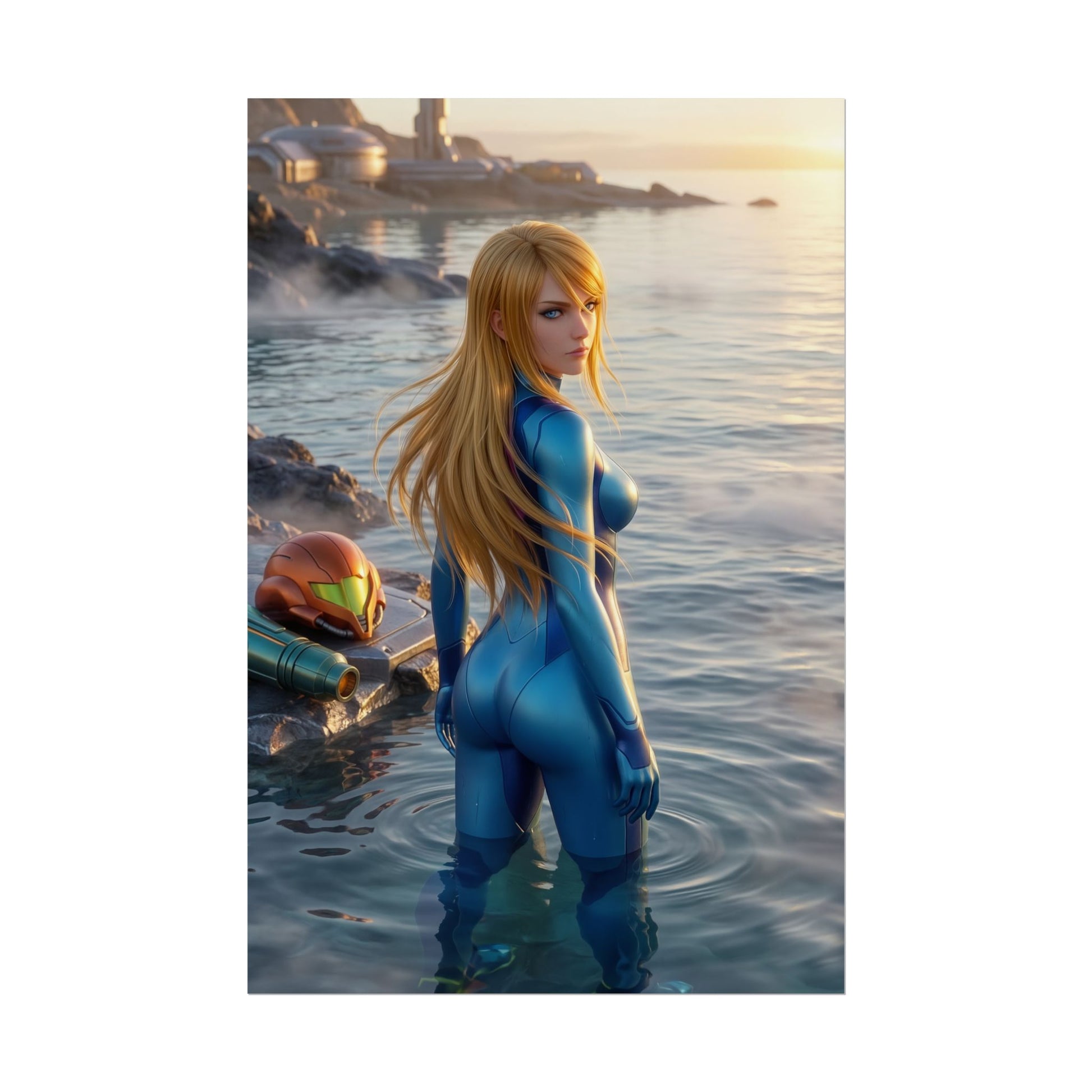 Samus Aran Poster – Samus Aran Art Print, Sci-Fi Game Wall Art featuring Samus waist-deep in ocean with power suit helmet on shore at sunset