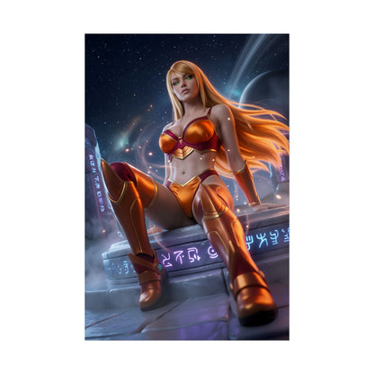 Samus Aran Poster / Samus Aran Wall Art / Samus Aran Art Print / Sci-Fi Heroine Poster featuring Samus in glowing armor against rune-lit cosmic backdrop