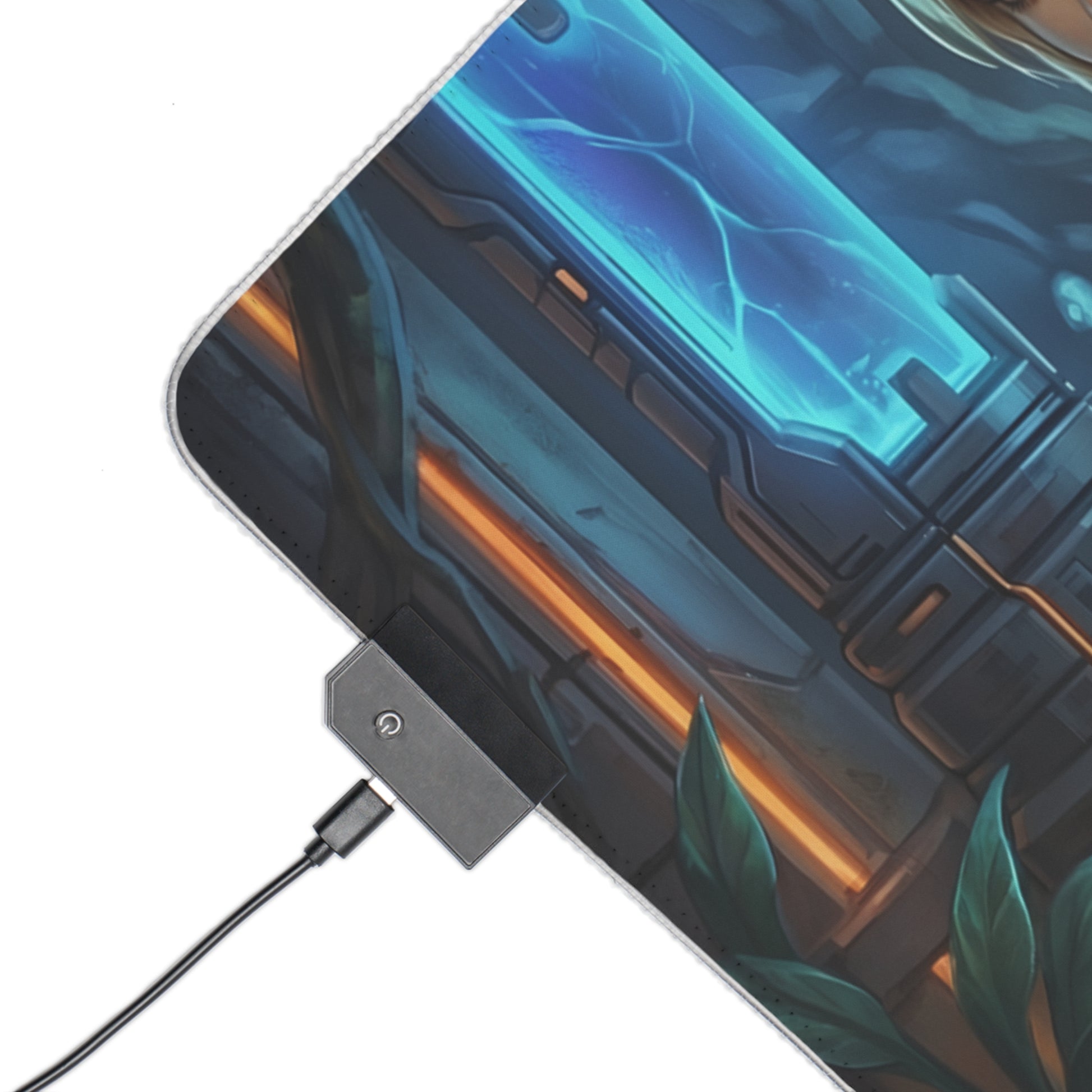 Samus Aran RGB Mouse Pad – Sci-Fi Action Illuminated Desk Mat, Gamer Setup featuring corner USB RGB controller and high-definition sci-fi artwork