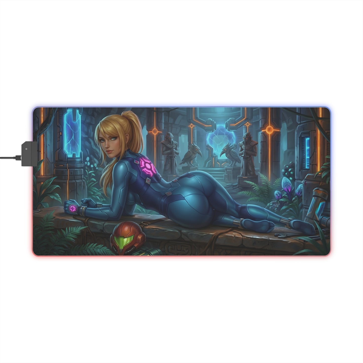 Samus Aran RGB Mouse Pad – Sci-Fi Action Illuminated Desk Mat, Gamer Setup featuring Samus-inspired heroine artwork, RGB edge lighting, extended anti-slip mat