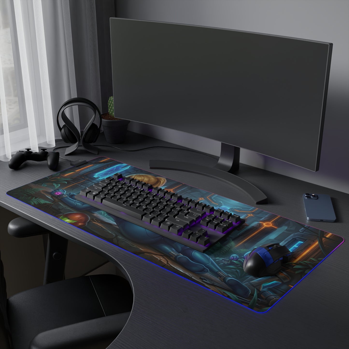 Samus Aran RGB Mouse Pad – Sci-Fi Action Illuminated Desk Mat, Gamer Setup on a desk with keyboard, mouse and RGB edge lighting