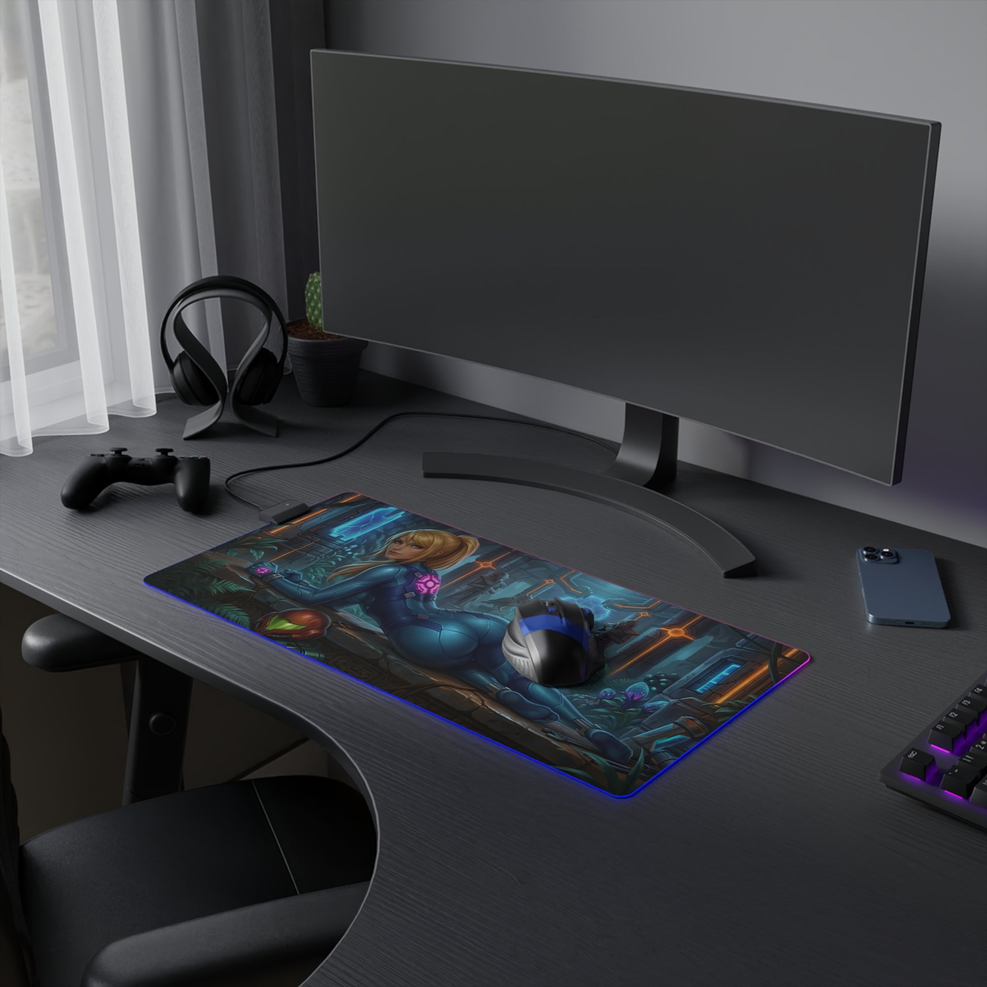 Samus Aran RGB Mouse Pad – Sci-Fi Action Illuminated Desk Mat, Gamer Setup on curved monitor desk with RGB edge lighting and anti-slip base