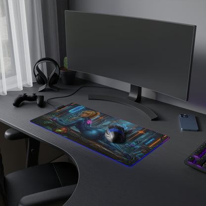 Samus Aran RGB Mouse Pad – Sci-Fi Action Illuminated Desk Mat, Gamer Setup on curved monitor desk with RGB edge lighting and anti-slip base