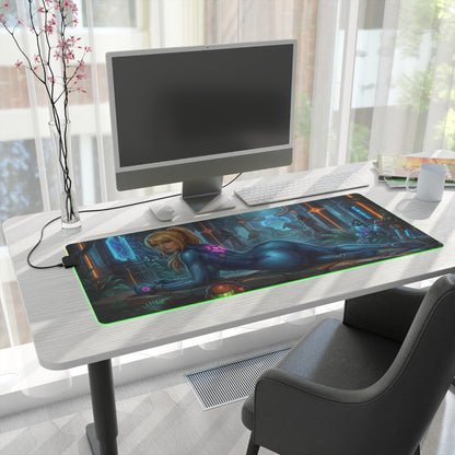 Samus Aran RGB Mouse Pad – Sci-Fi Action Illuminated Desk Mat, Gamer Setup on modern desk with glowing edge, high-def sci-fi heroine artwork, extended anti-slip mat