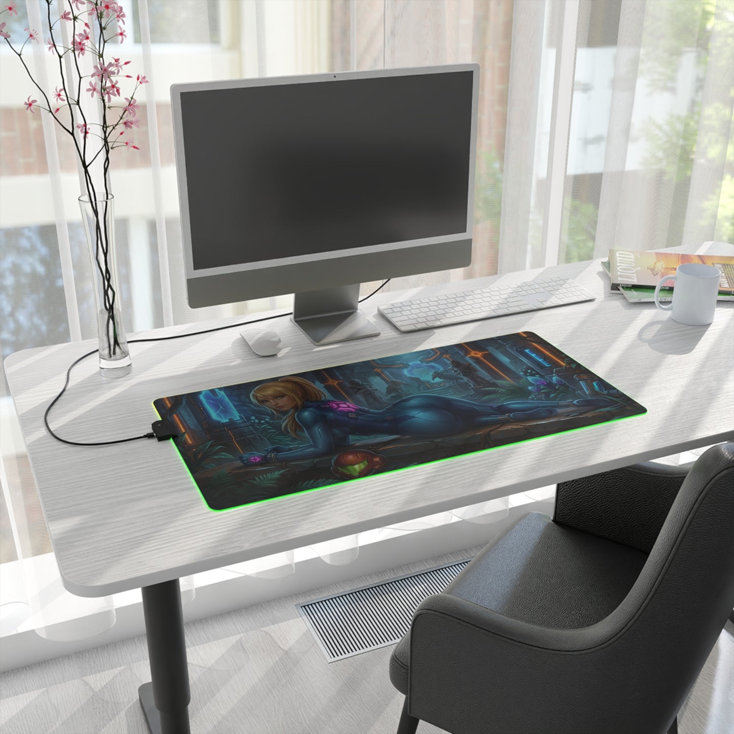 Samus Aran RGB Mouse Pad – Sci-Fi Action Illuminated Desk Mat, Gamer Setup on modern desk with RGB edge lighting and extended mat covering keyboard and mouse