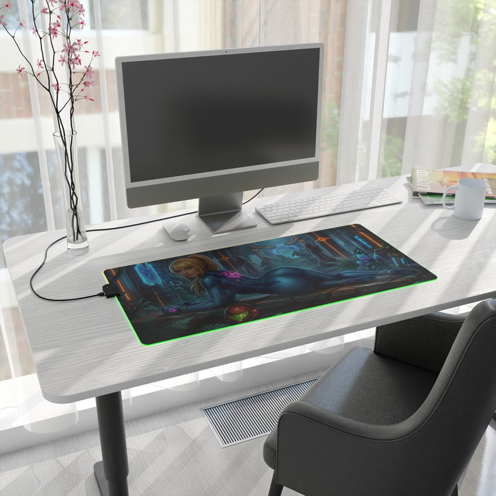 Samus Aran RGB Mouse Pad – Sci-Fi Action Illuminated Desk Mat, Gamer Setup on modern desk with RGB edge lighting and extended mat covering keyboard and mouse