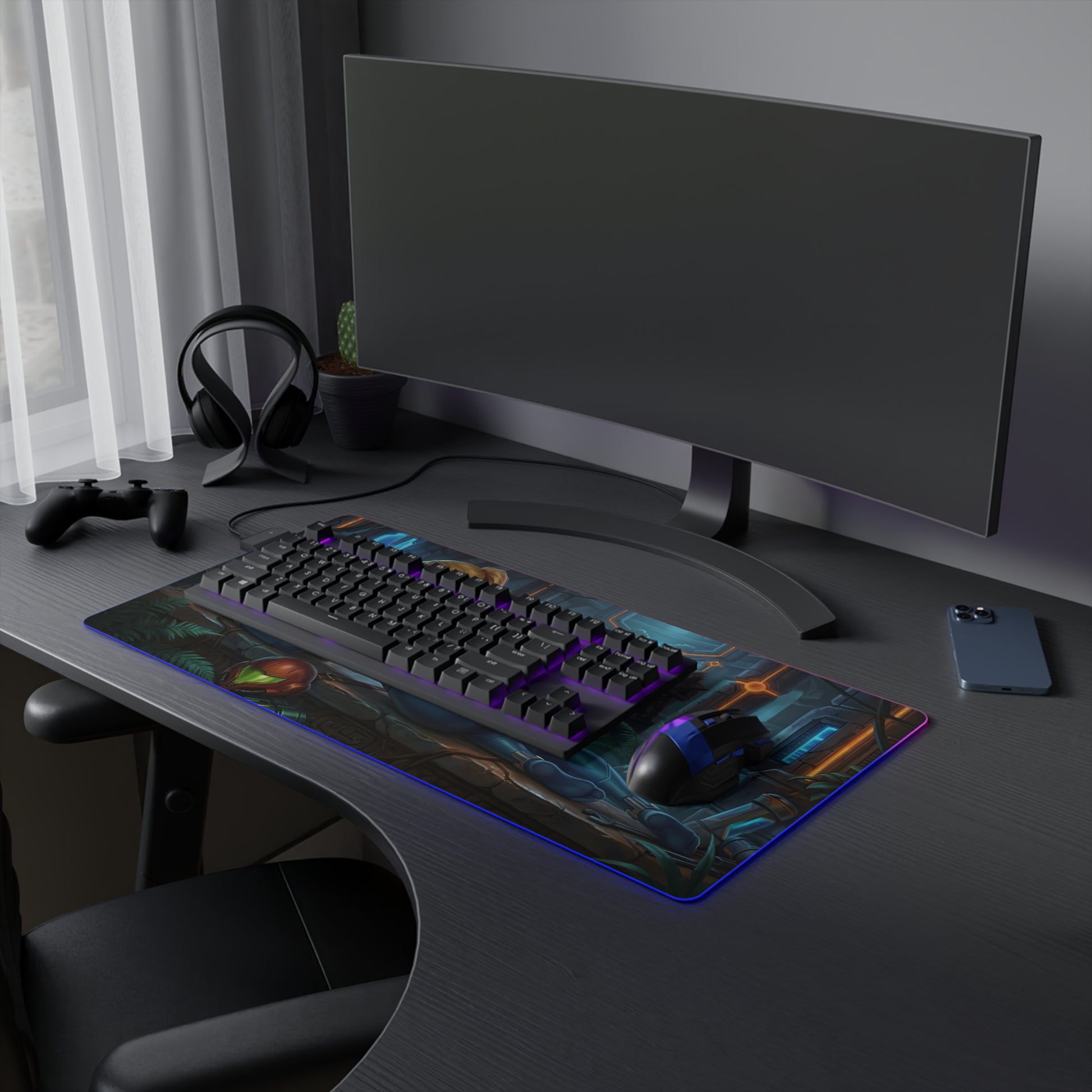 Samus Aran RGB Mouse Pad – Sci-Fi Action Illuminated Desk Mat, Gamer Setup on sleek gaming desk with keyboard, mouse, and RGB edge lighting