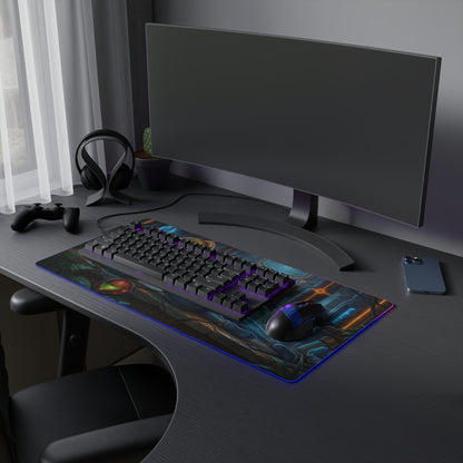Samus Aran RGB Mouse Pad – Sci-Fi Action Illuminated Desk Mat, Gamer Setup on sleek gaming desk with keyboard, mouse, and RGB edge lighting
