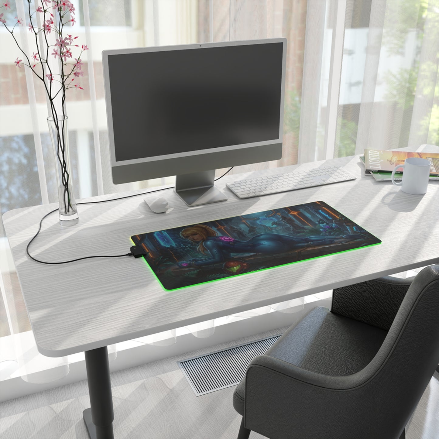 Samus Aran RGB Mouse Pad – Sci-Fi Action Illuminated Desk Mat, Gamer Setup on bright modern desk with RGB edge lighting and full keyboard coverage