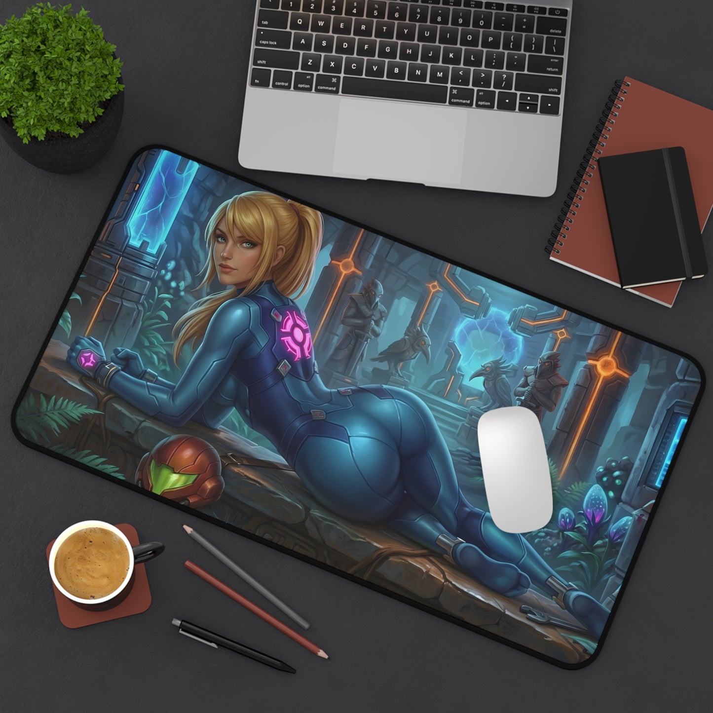 Samus Aran Mouse Pad – Sci-Fi Game Gaming Mouse Pad, Stylish Gamer Desk Decor featuring Samus in blue suit on a futuristic gaming desk mat