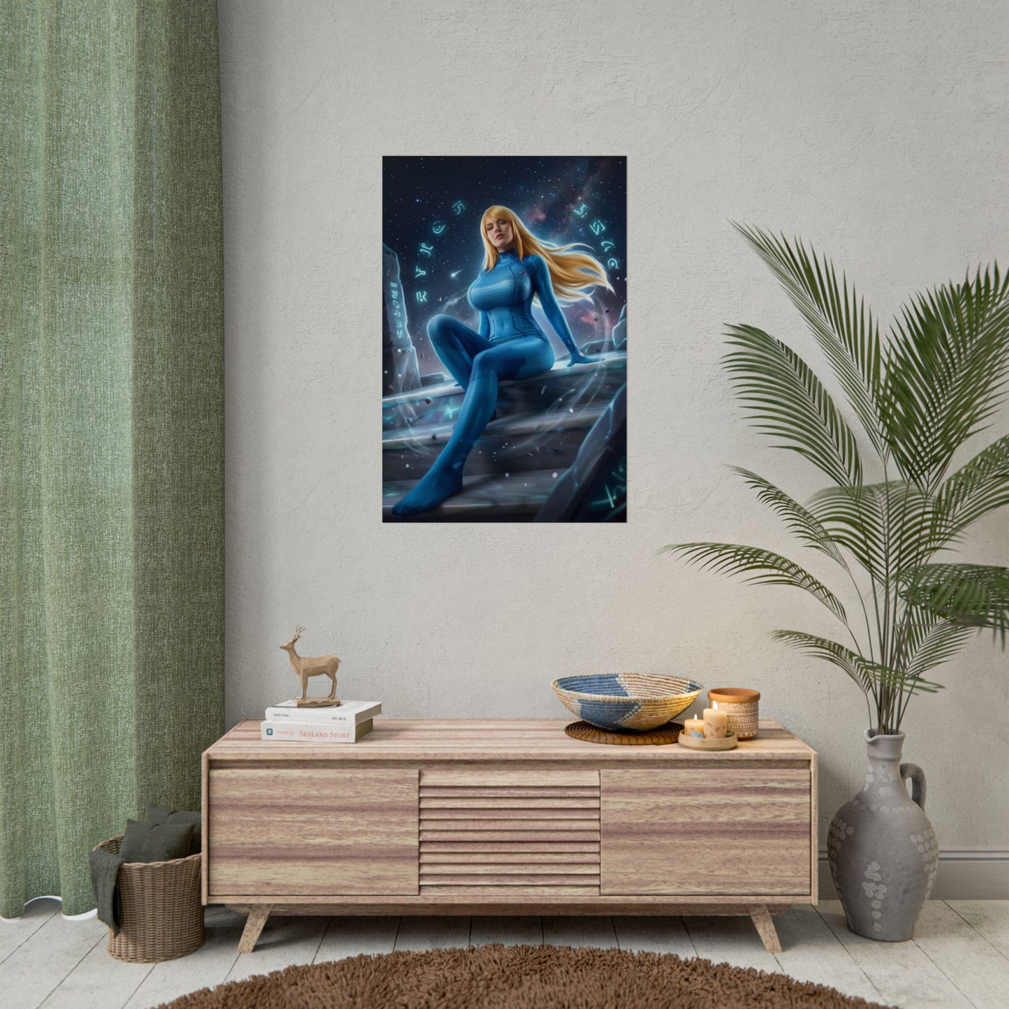 Samus Aran Poster / Samus Aran Wall Art / Samus Aran Art Print / Space Warrior Poster showing Samus resting among cosmic ruins, glowing symbols, futuristic atmosphere