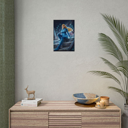 Samus Aran Poster / Samus Aran Wall Art / Samus Aran Art Print / Space Warrior Poster - lone space warrior resting among ancient cosmic ruins