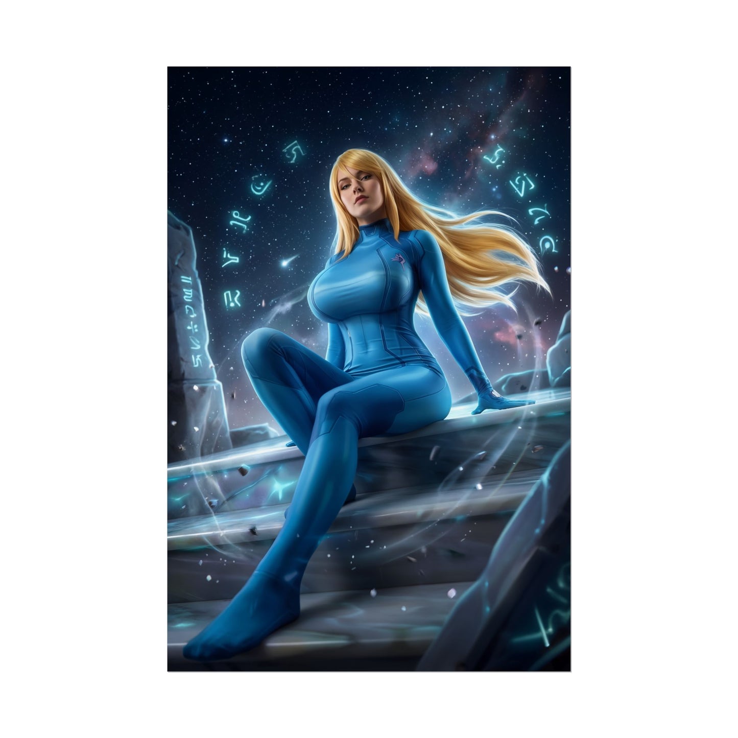 Samus Aran Poster / Samus Aran Wall Art / Samus Aran Art Print / Space Warrior Poster showcasing Samus in blue suit sitting among glowing cosmic ruins