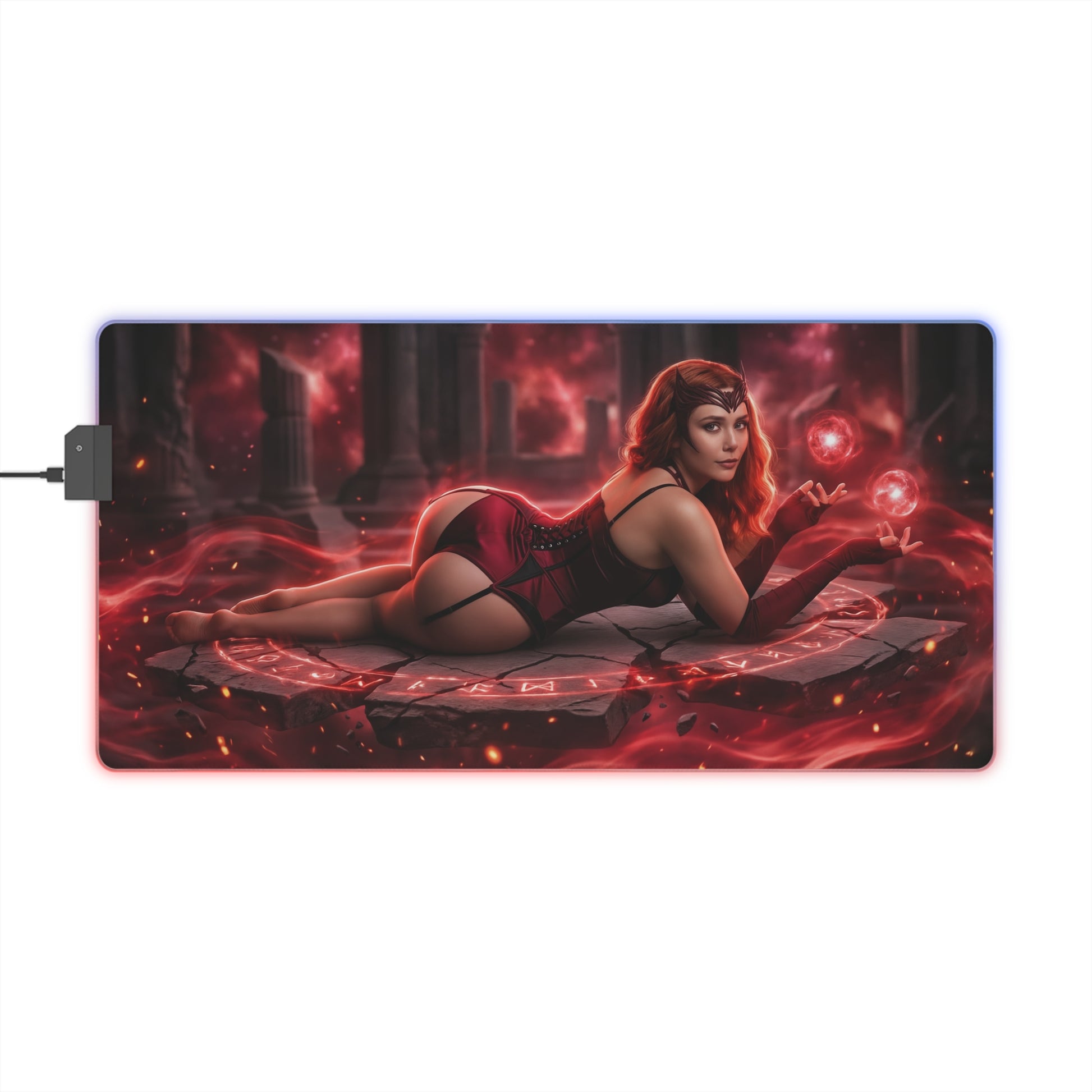 Marvel Mouse Pad, Scarlet Witch LED RGB Desk Mat, Gift for Gamer, Superhero Room Decor - Scarlet Witch on red magic LED desk mat for gaming
