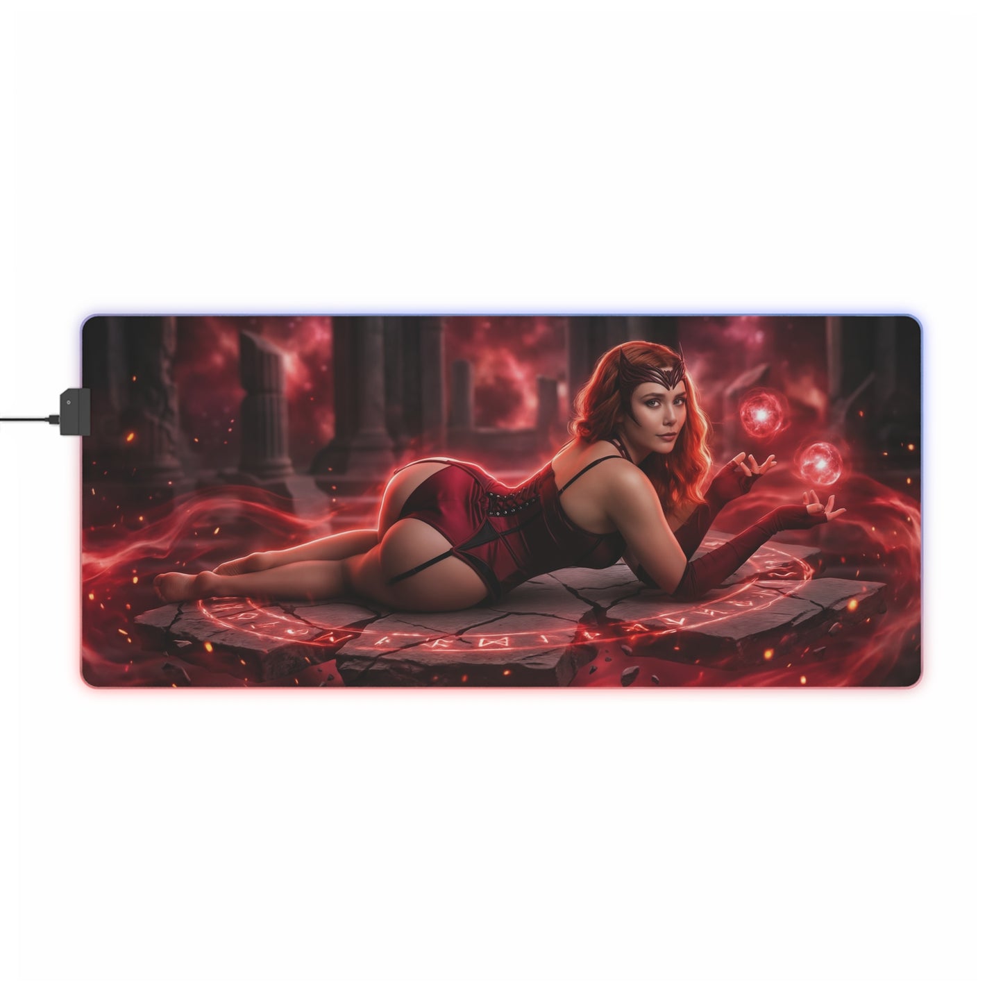 Marvel Mouse Pad, Scarlet Witch LED RGB Desk Mat showing Scarlet Witch art on illuminated red RGB desk mat, perfect Gift for Gamer, Superhero Room Decor
