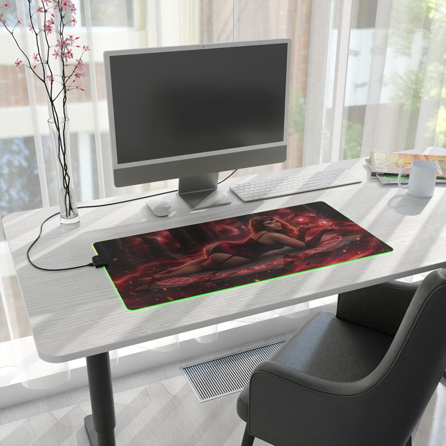 Marvel Mouse Pad, Scarlet Witch LED RGB Desk Mat, Gift for Gamer, Superhero Room Decor — Scarlet Witch red-magic gaming desk mat with LED RGB edge