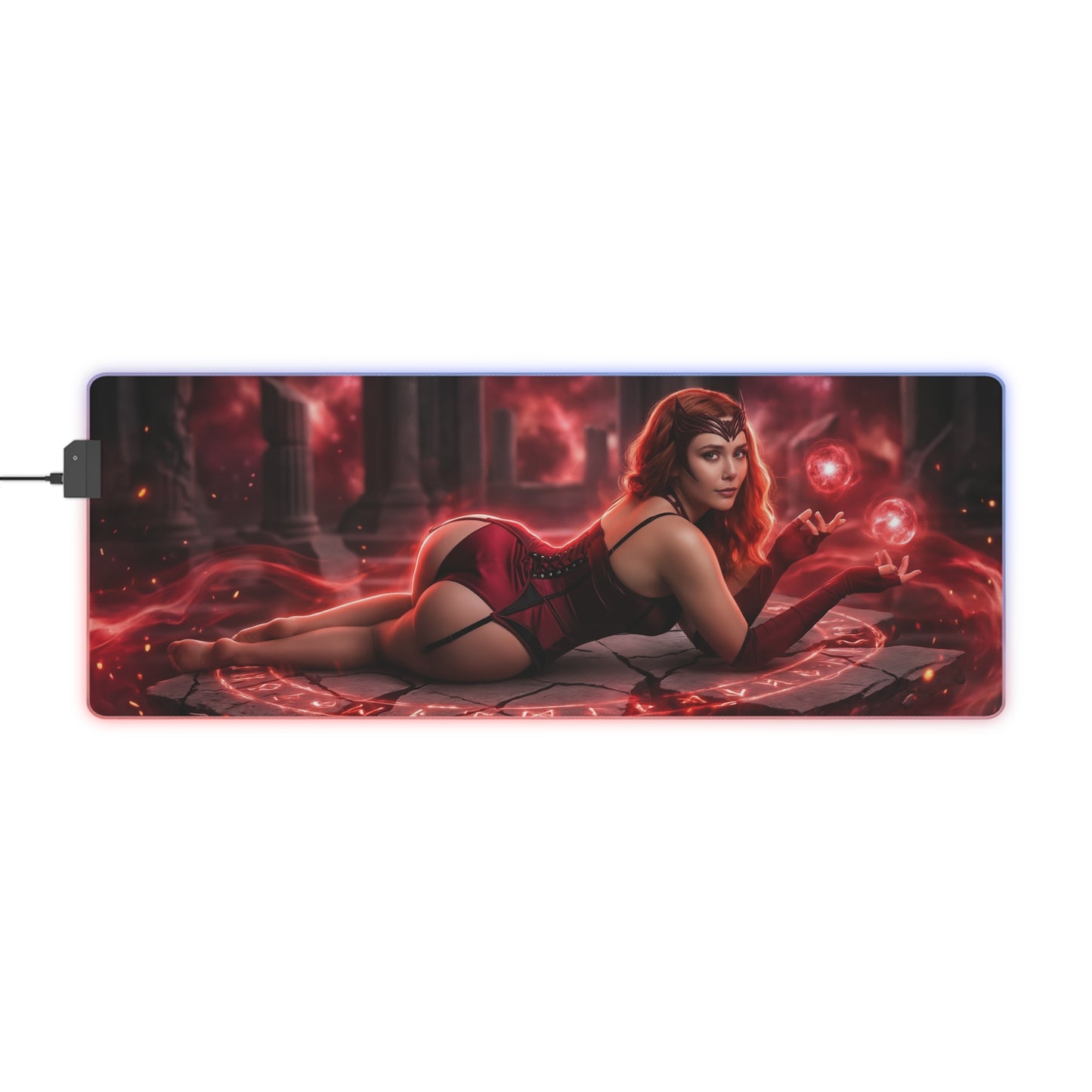 Marvel Mouse Pad, Scarlet Witch LED RGB Desk Mat, Gift for Gamer, Superhero Room Decor — Scarlet Witch reclining on RGB desk mat with red magic aura