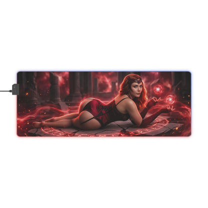 Marvel Mouse Pad, Scarlet Witch LED RGB Desk Mat, Gift for Gamer, Superhero Room Decor — Scarlet Witch reclining on RGB desk mat with red magic aura