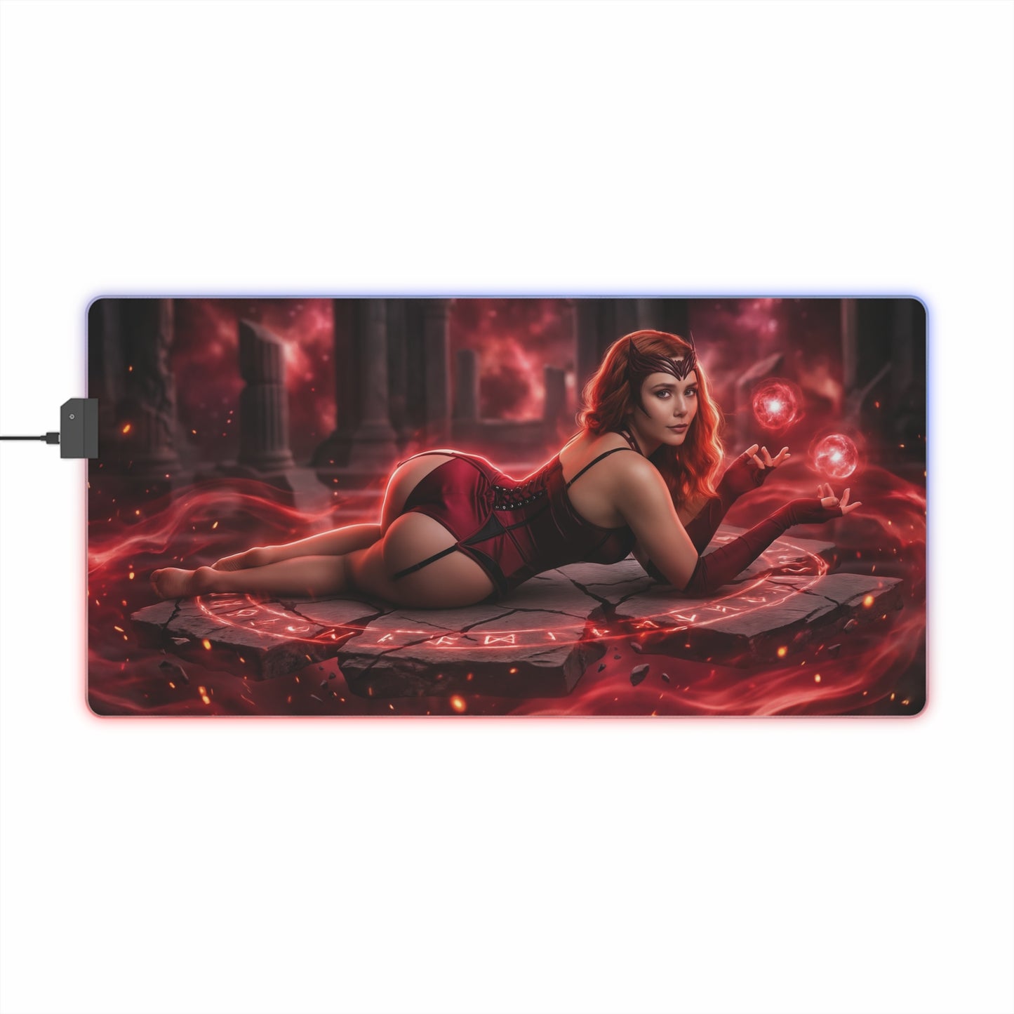 Marvel Mouse Pad, Scarlet Witch LED RGB Desk Mat, Gift for Gamer, Superhero Room Decor - Scarlet Witch reclining on glowing magic circle with red aura and RGB edge