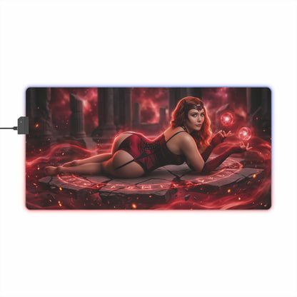 Marvel Mouse Pad, Scarlet Witch LED RGB Desk Mat, Gift for Gamer, Superhero Room Decor - Scarlet Witch reclining on glowing magic circle with red aura and RGB edge
