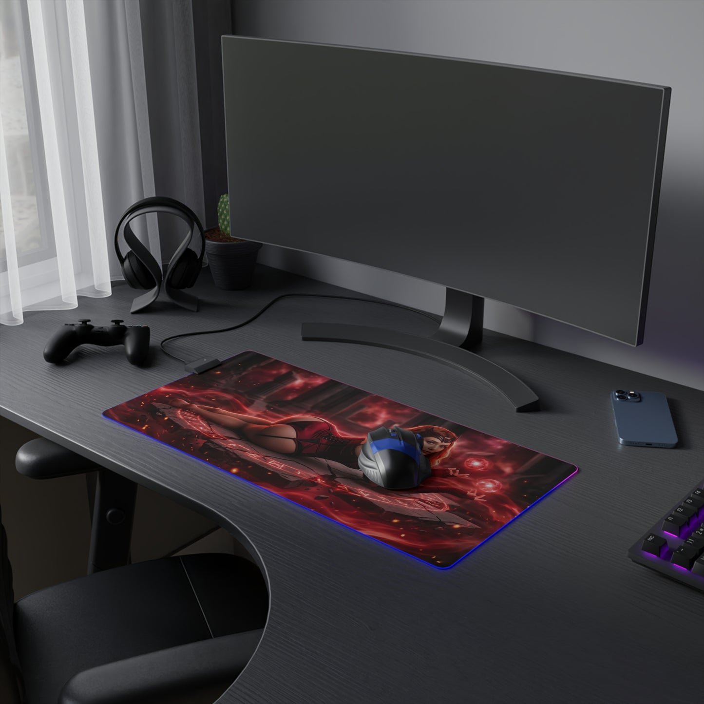 Marvel Mouse Pad, Scarlet Witch LED RGB Desk Mat, Gift for Gamer, Superhero Room Decor — Scarlet Witch art on RGB gaming desk mat
