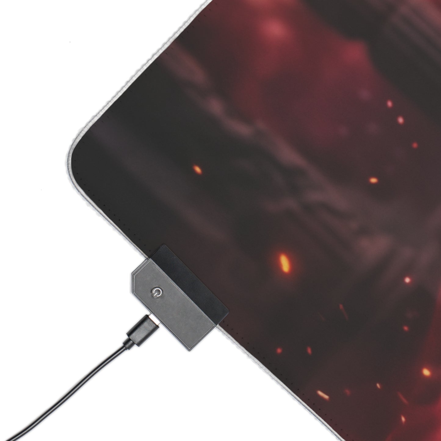 Marvel Mouse Pad, Scarlet Witch LED RGB Desk Mat, Gift for Gamer, Superhero Room Decor — close-up of red magic aura LED gaming desk mat corner