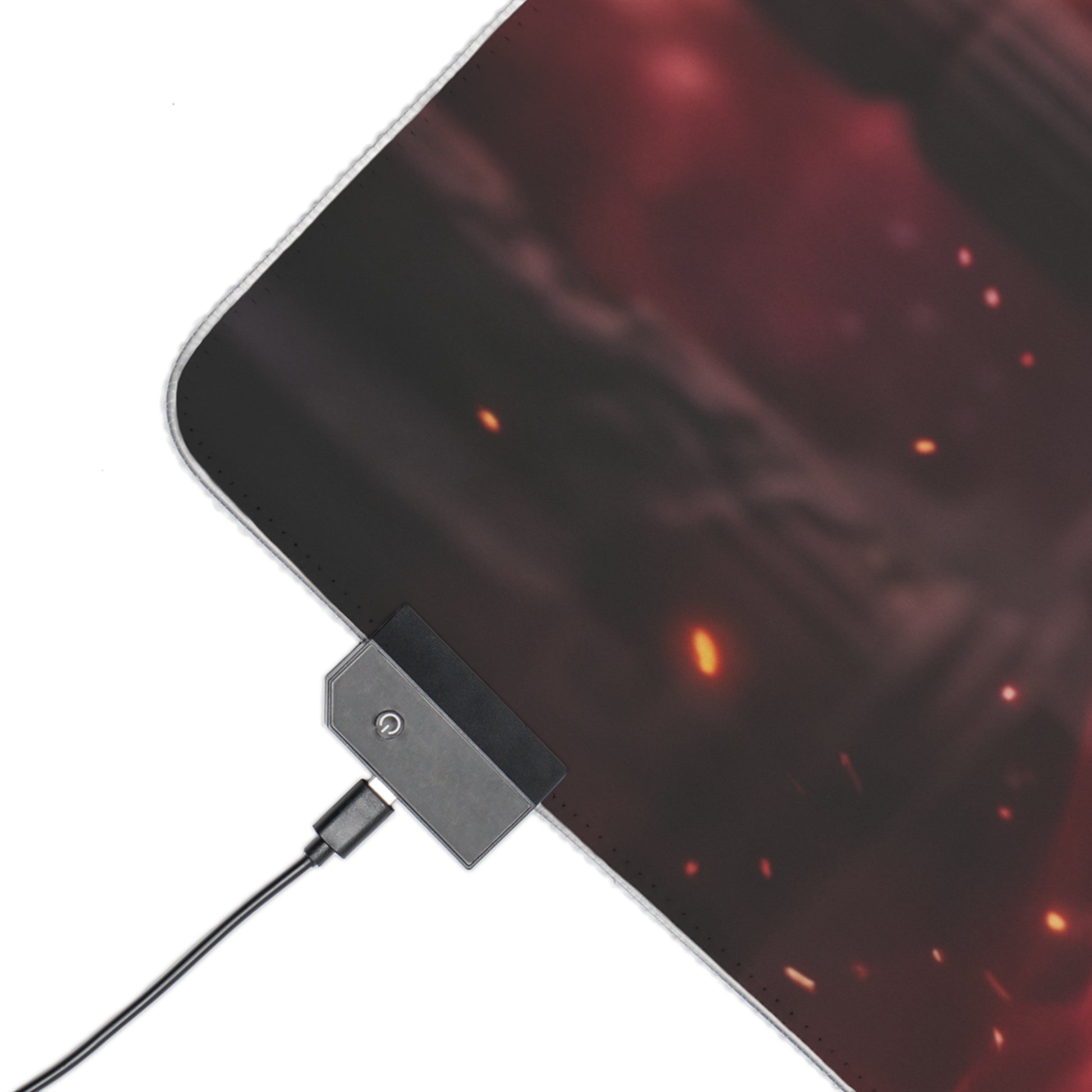 Marvel Mouse Pad, Scarlet Witch LED RGB Desk Mat, Gift for Gamer, Superhero Room Decor — close-up of red magic aura LED gaming desk mat corner