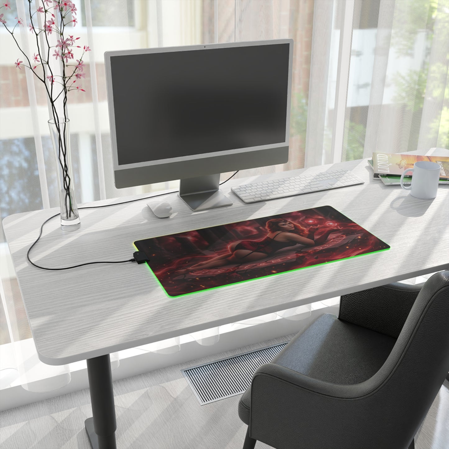 Marvel Mouse Pad, Scarlet Witch LED RGB Desk Mat, Gift for Gamer, Superhero Room Decor — Scarlet Witch red magic LED desk mat on white gaming desk