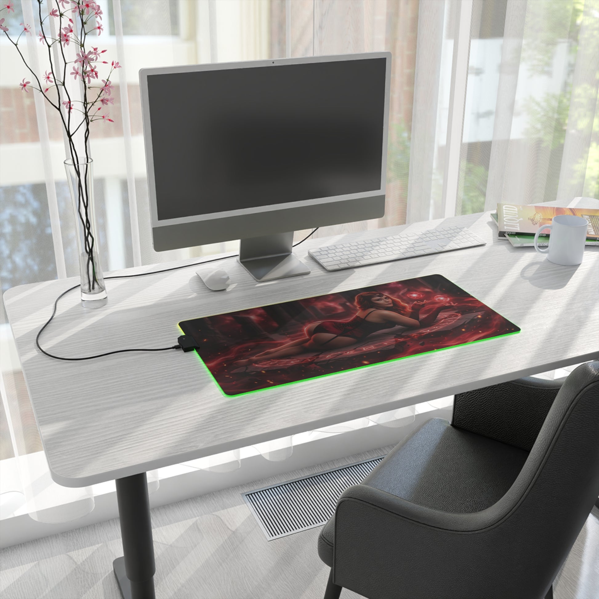 Marvel Mouse Pad, Scarlet Witch LED RGB Desk Mat, Gift for Gamer, Superhero Room Decor — Scarlet Witch red magic LED desk mat on white gaming desk