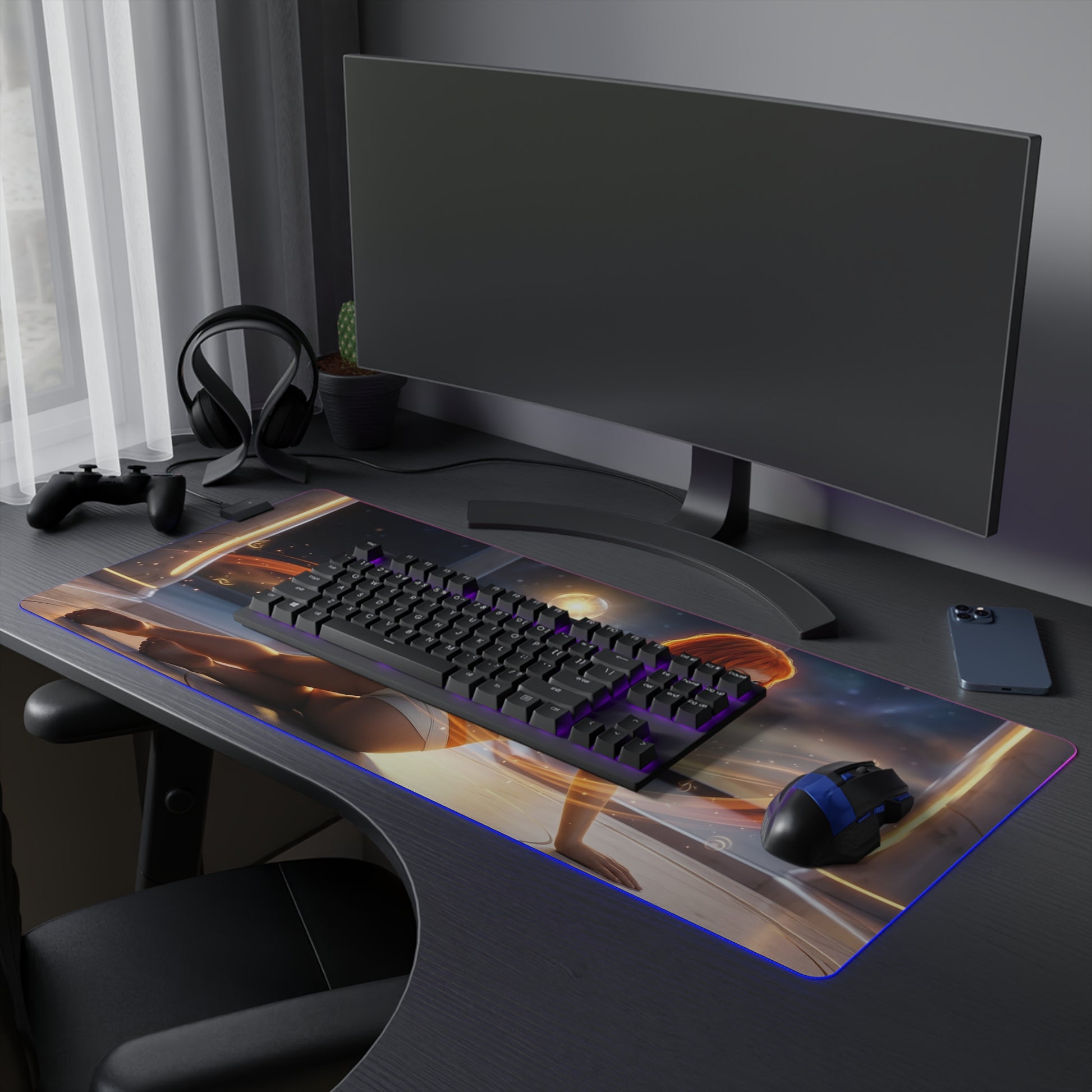 The Fifth Element Mouse Pad – Leeloo LED RGB Desk Mat, Sci-Fi Gamer Room Decor, Gift for Movie Fan on desk with keyboard and RGB lighting