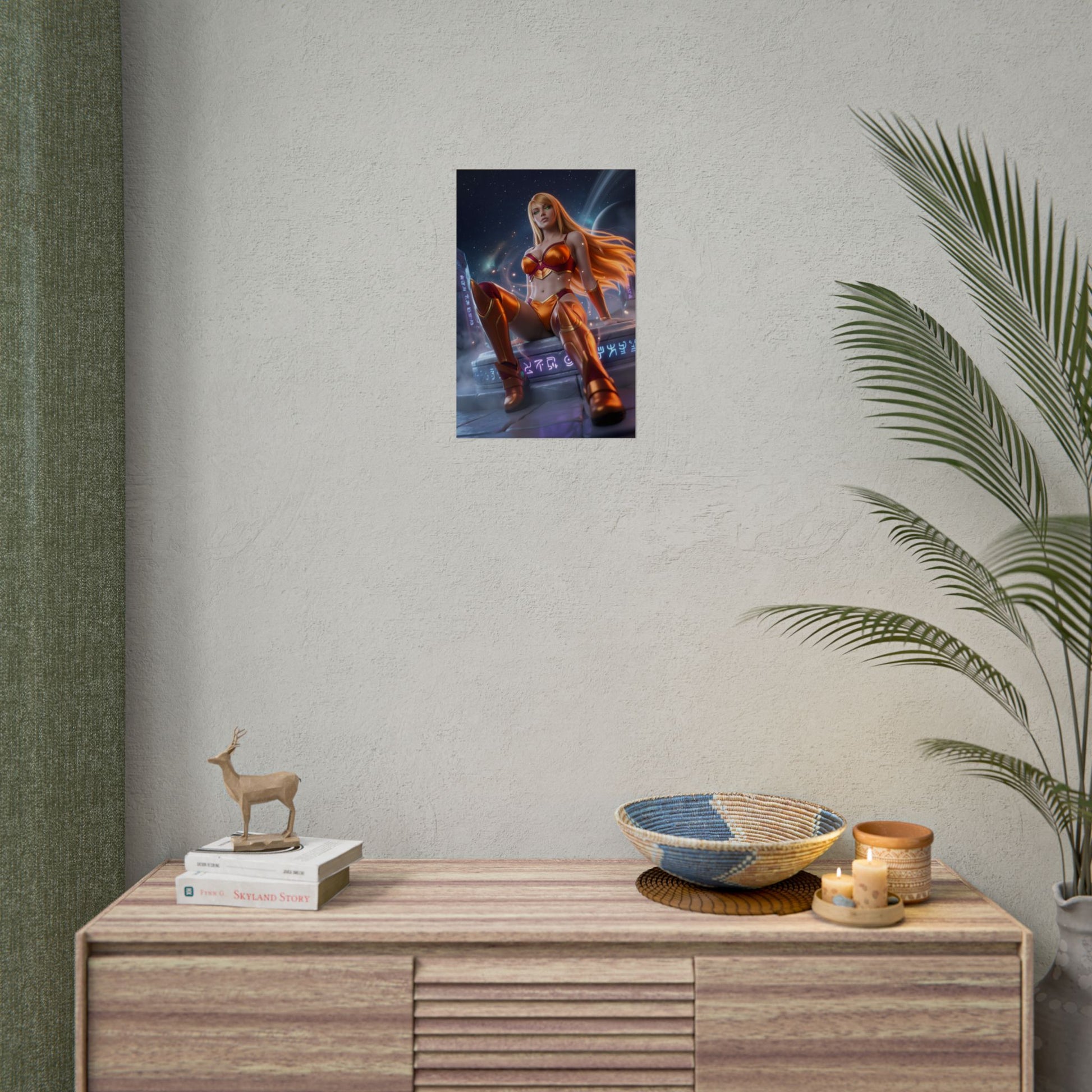 Samus Aran Poster / Samus Aran Wall Art / Samus Aran Art Print / Sci-Fi Heroine Poster showing armored heroine in glowing cosmic rune-lit scene